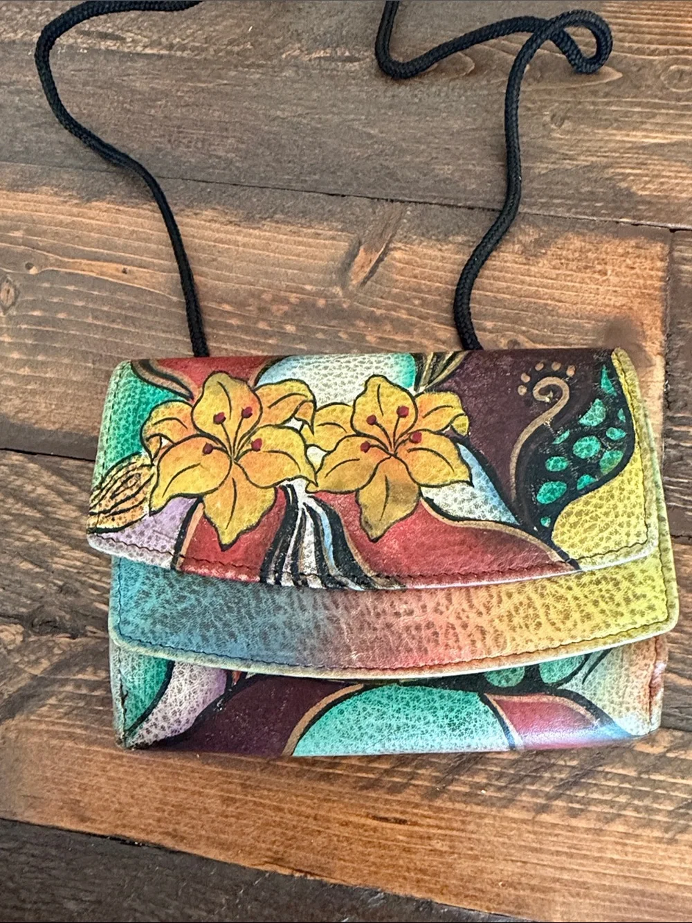 🎨 Anuschka Hand-Painted Leather Convertible 3-Way Tri-Fold Wallet 🎨 crossbody